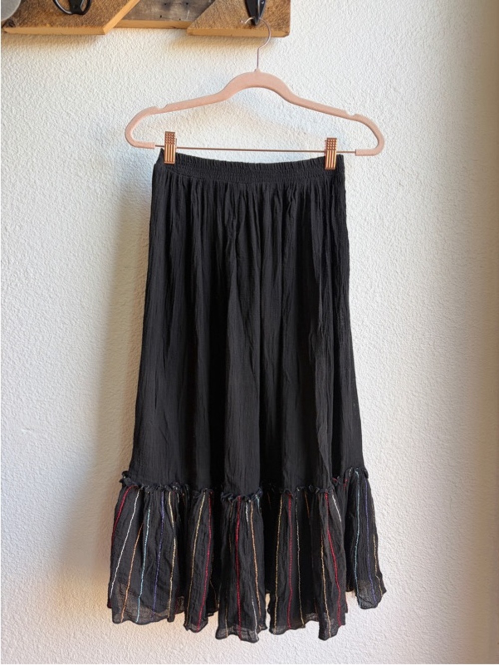 70s Judy Knapp Black Gauzy Cotton Rainbow Frill Hem Midi Skirt Medium
